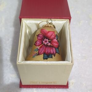 Pier 1 Imports Li Bien Gold Bell Ornament with Red Floral Design Hand Painted